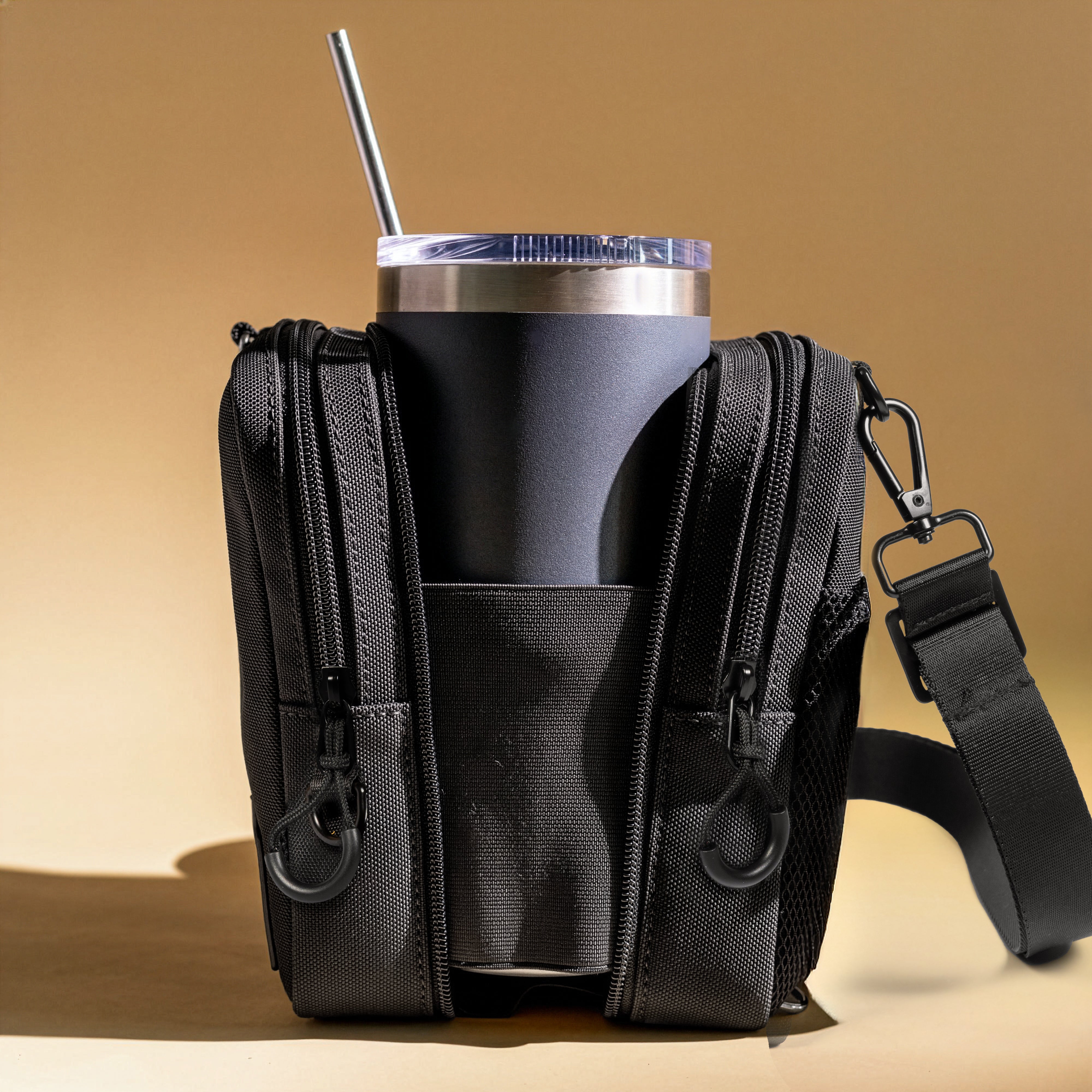 Black pouch with a insulated cup holder on a beige background
