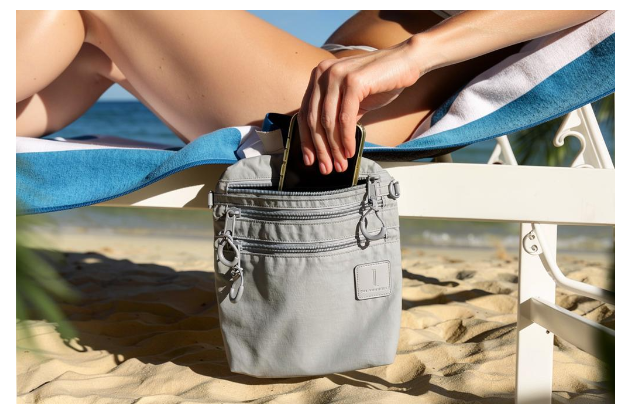 Person sitting on a beach with a gray bag on their lap